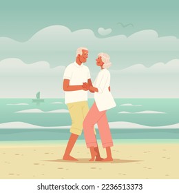 Happy elderly couple dancing on the beach. Seniors on vacation at sea. Mature man and woman are actively spending time. Vector illustration in flat style