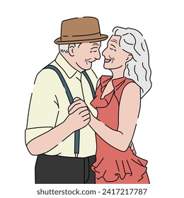 Happy elderly couple dancing. Romantic relationship concept. Hand drawn vector illustration