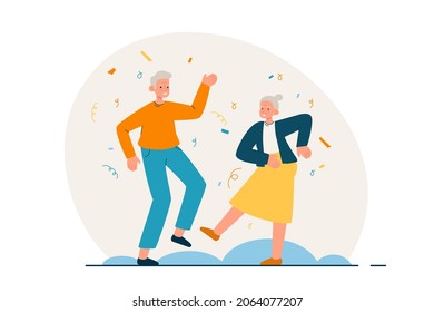 Happy elderly couple dancing. Senior man and woman spending time together having fun. Active retirement lifestyle concept. Modern flat vector illustration