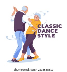 happy elderly couple dancing together. Advertisement of club dances. Isolated on white background vector flat illustration