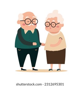 Happy elderly couple dancing together or just holding hands. Isolated on white background vector flat illustration