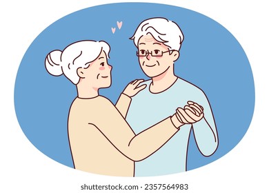 Happy elderly couple dancing together. Smiling mature man and woman enjoy romance and joyful calm retirement. Love and relationships. Vector illustration.