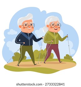 Casal idoso feliz fazendo caminhada nórdica com postes de trekking ao ar livre. Personagens seniores em sportswear permanecer ativo e saudável. Ilustração vetorial