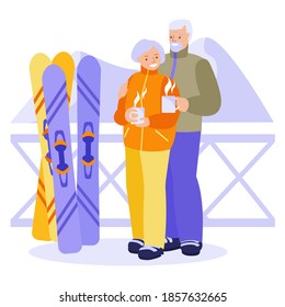 Happy elderly couple drinking hot tea, coffee at a ski resort. The concept of happy relationships, active leisure seniors. Vector illustration in flat style.