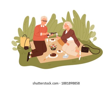 Happy elderly couple drinking wine and celebrating anniversary on picnic blanket. Aged man and woman outdoors on date. Senior lovers spending leisure time together. Flat vector illustration