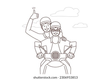 Happy elderly couple driving motorbike  Smiling energetic mature man   woman have fun enjoy motorcycle ride outdoors  Vector illustration  
