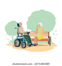 Happy elderly couple with electric wheelchair walking in the park. Rehabilitation and adaptation of people with disabilities. Vector illustration on a white background.