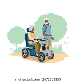 Happy elderly couple with electric wheelchair walking in the park. Rehabilitation and adaptation of people with disabilities. Vector illustration on a white background.