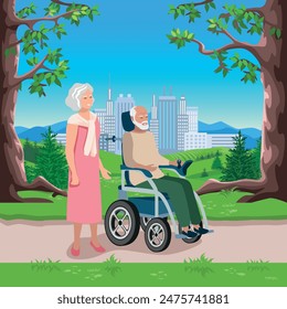 Happy elderly couple with electric wheelchair walking in the park. Rehabilitation and adaptation of people with disabilities. Vector illustration.