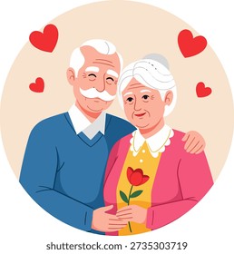 Happy elderly couple embracing, holding a rose, surrounded by hearts. Flat vector illustration symbolizing long-lasting romance, marriage, and retirem