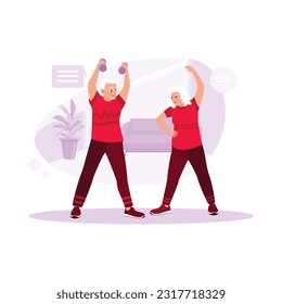 Happy elderly couple exercising together in the lounge. Trend Modern vector flat illustration.