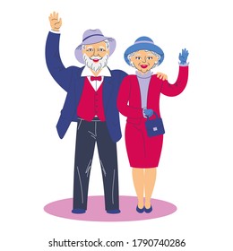 Happy elderly couple fashionably dressed in retro style with raised hands in greeting. Grandparents characters in cartoon style