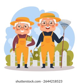 Happy elderly couple gardening outdoors. Senior man and woman in hats and overalls holding rake, plant, and watering can. Cartoon vector illustration on farm or backyard