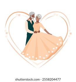 Happy elderly couple getting married. Flat vector illustration of man and woman in love in wedding outfits. Together forever. Vector illustration.