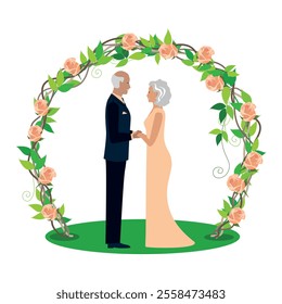 Happy elderly couple getting married. Flat vector illustration of man and woman in love in wedding outfits. Together forever. Vector illustration.