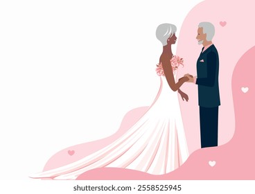 Happy elderly couple getting married. Flat vector illustration of man and woman in love in wedding outfits. Together forever. Vector illustration.