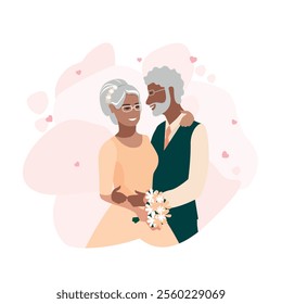 Happy elderly couple getting married. Flat vector illustration of man and woman in love in wedding outfits. Together forever. Vector illustration.