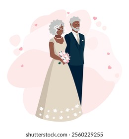 Happy elderly couple getting married. Flat vector illustration of man and woman in love in wedding outfits. Together forever. Vector illustration.