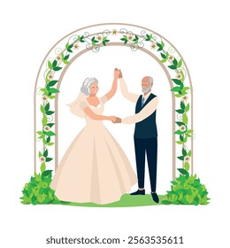 Happy elderly couple getting married. Flat vector illustration of man and woman in love in wedding outfits. Together forever. Vector illustration.