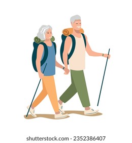Happy elderly couple go hiking with backpacks. active pensioners. Vector illustration in a flat style on a white background.