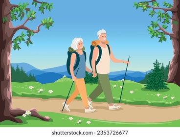 Una feliz pareja de ancianos va de excursión por un sendero forestal. pensionistas activos. Ilustración vectorial en un estilo plano.