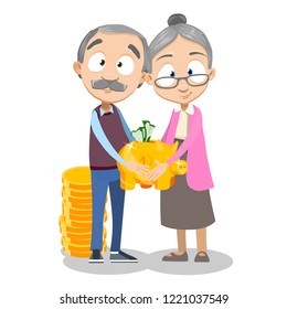 Happy elderly couple with gold piggy bank full of money. Retirement savings and financial success in old age. Successful rich pensioners with gold coins. Pension plan and banking vector illustration