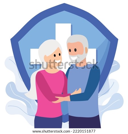Happy elderly couple good life insurance. Senior Citizen Health Insurance plan or medical insurance policy, medical coverage offer for parents grandparents banner, flyer, landing page. 