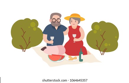 Happy elderly couple having romantic dinner outdoor isolated on white background. Pair of smiling old man and woman eating meals and drinking wine on picnic. Flat cartoon vector illustration.