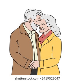 Happy älteres Paar, das Händchen hält. Romantisches Beziehungskonzept. handgezeichnete Vektorgrafik