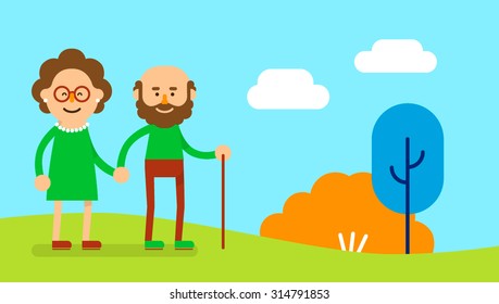 Happy elderly couple holding hands walking in the park. Flat design vector illustration.