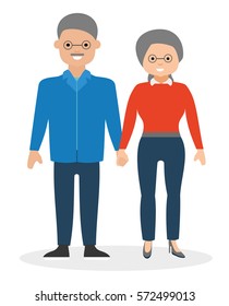 Happy elderly couple holding hands and smiling. European cute family. Cartoon vector flat-style illustration. 