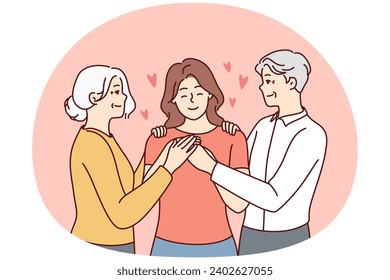 Happy elderly couple hugging grownup girl child showing love and care. Smiling old parents embrace cuddle adult woman. Family reunion. Vector illustration.