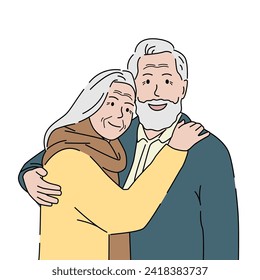 Happy elderly couple hugging. Romantic relationship concept. Hand drawn vector illustration