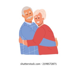 Happy elderly couple hugging. Smiling mature man and woman standing together, embracing. Retired family, spouses in love, romantic ralationships. Flat vector illustration isolated on white background