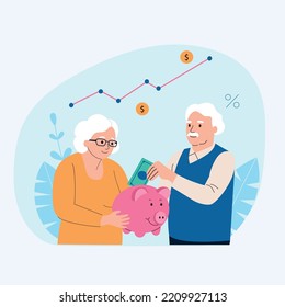 Happy elderly couple investing a coin in piggy bank. Pension fund, passive income concept. Grandparents saved up money for comfortable old age.  Vector flat illustration.