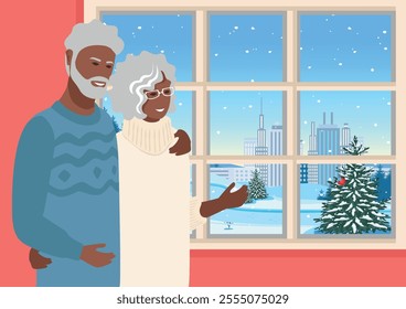 Happy elderly couple looking out the window at winter landscape. Time together. Beauty of winter nature. Vector illustration on abstract background.