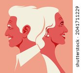 Happy elderly couple. Love and dating. Family relationship. The old lovers in the profile. Vector flat illustration