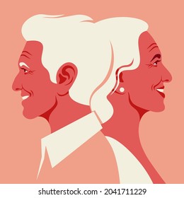 Happy elderly couple. Love and dating. Family relationship. The old lovers in the profile. Vector flat illustration