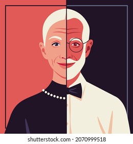 Happy elderly couple. Love and dating. Family relationship. Faces of old lovers. Vector flat illustration