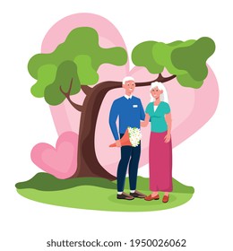 Happy elderly couple in love standing under the tree in park. Man gives a large bouquet of flowers to his wife. Grey-haired couple together in city park. Flat cartoon vector illustration