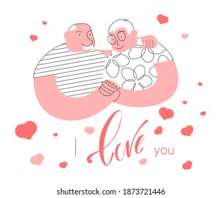 Happy Elderly Couple In Love vector illustration. I love you valentine card. Grandparents with red hearts on white background