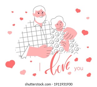 Happy Elderly Couple In Love vector illustration. I love you valentine card. Grandparents with red hearts on white background. Flat Art Vector illustration