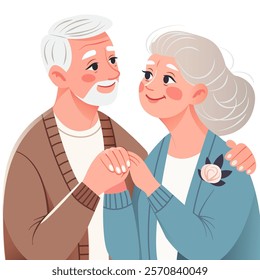 A happy elderly couple lovingly look at each other. An elderly man and an elderly woman.  Nice family. Hand-drawn vector illustration.