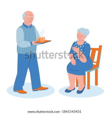 Happy elderly couple. An elderly man brings hot tea to a woman. Vector illustration in flat style. Isolated on white.