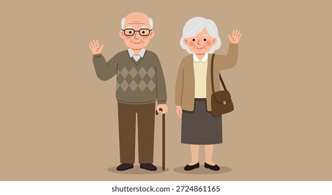 Ein glückliches älteres Paar, ein Mann mit einem Stock und eine Frau mit einer Handtasche, beide mit Brille und winkend.