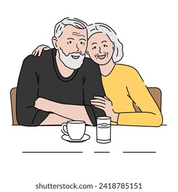 Happy elderly couple on dining table with cup and glass. Romantic relationship concept. Hand drawn vector illustration