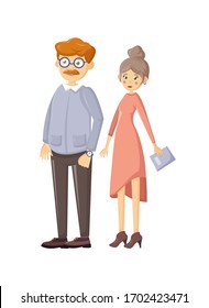 Happy elderly couple on joint walk. Man with glasses and woman with journal in hands, stand next to each other. Concept of happy family, relationship, friendship and understanding. Cartoon vector.