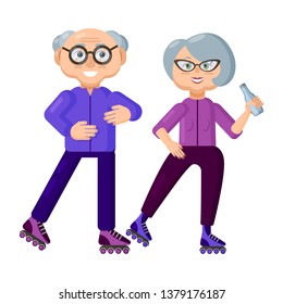 Happy elderly couple on roller-skates. Cute seniors in sport clothes skating on roller skates and having fun. Pensioners lead an active lifestyle Vector art in flat style. Isolated cartoon characters 