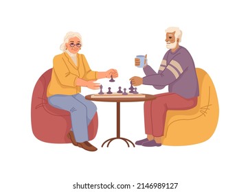 Happy elderly couple playing chess and drinking tea. Vector flat cartoon characters in a nursing home, grandmother and grandfather talking and spending leisure, resting grandparents