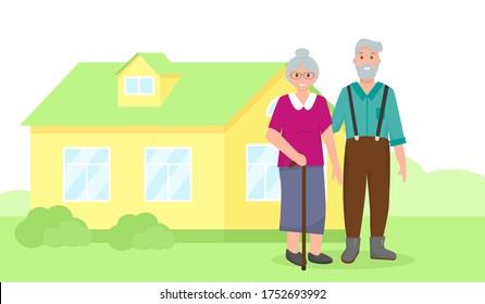 Happy elderly couple portrait. An old man and woman near house. Grandparents smiling. Vector illustration. 